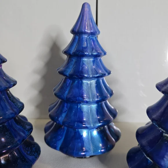 3 HANDCRAFTED Upcycled Blue Holiday Trees HANDPAINTED Tabletop Art Decor Artwork - Picture 5 of 12
